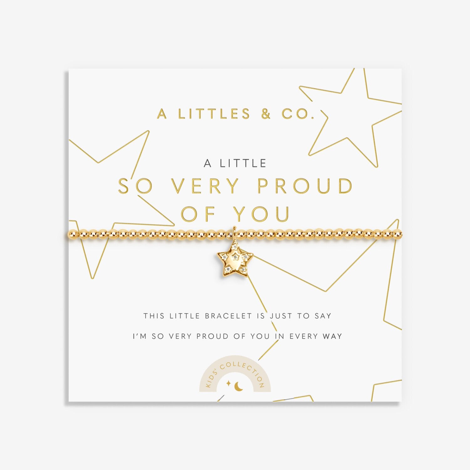 So Very Proud of You Gold kids’ bracelet by A Littles & Co with a cute gold charm and sentiment card, perfect celebration gift — Available at Be Charmed