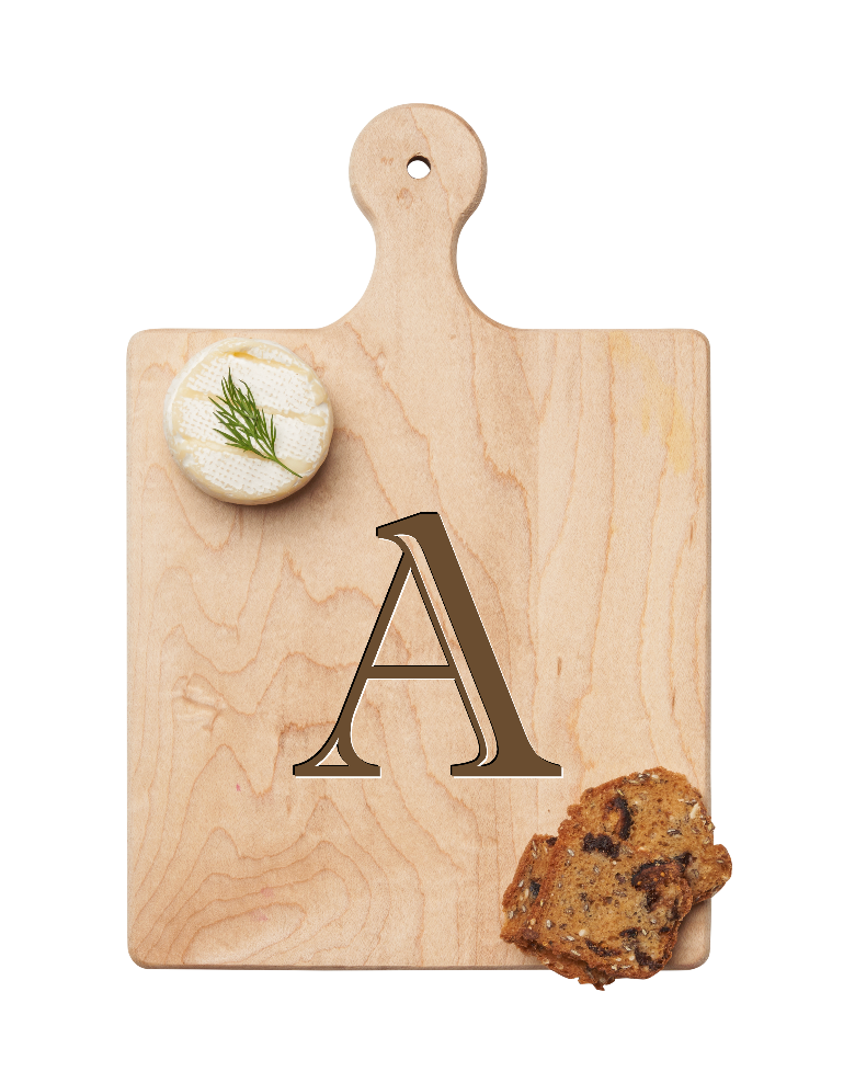 Maple Leaf 9x6 Initial Board A with Spreader. Personalized wooden serving board with monogram design. Perfect gift. Available at Be Charmed.