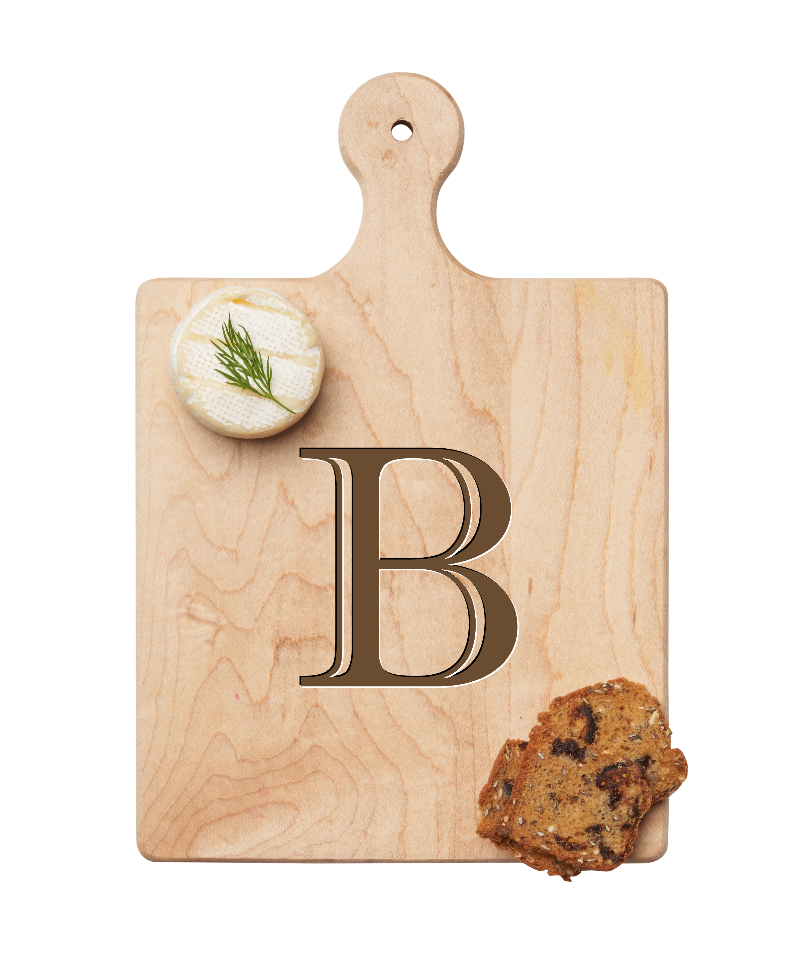 Maple Leaf 9x6 Initial Board B with Spreader. Personalized wooden serving board with monogram design. Perfect gift. Available at Be Charmed.