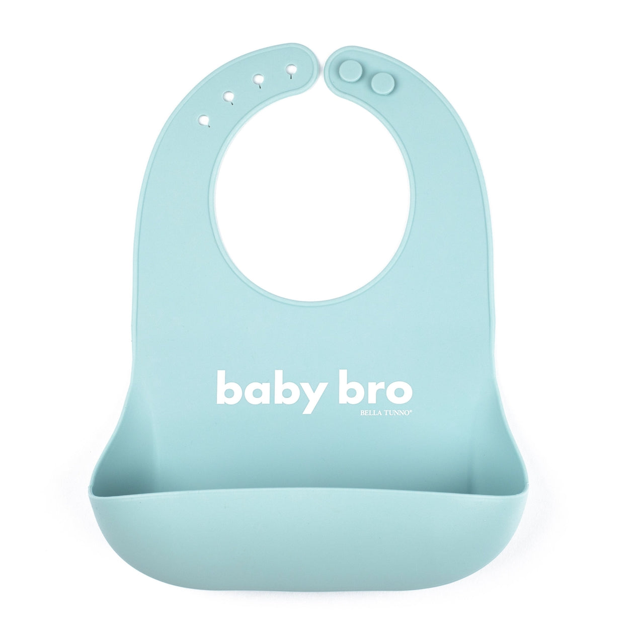 Bella Tunno Baby Bro Wonder Bib in soft blue, featuring a "baby bro" design, adjustable neck, and a catch pocket, made from BPA-free silicone, available at Be Charmed