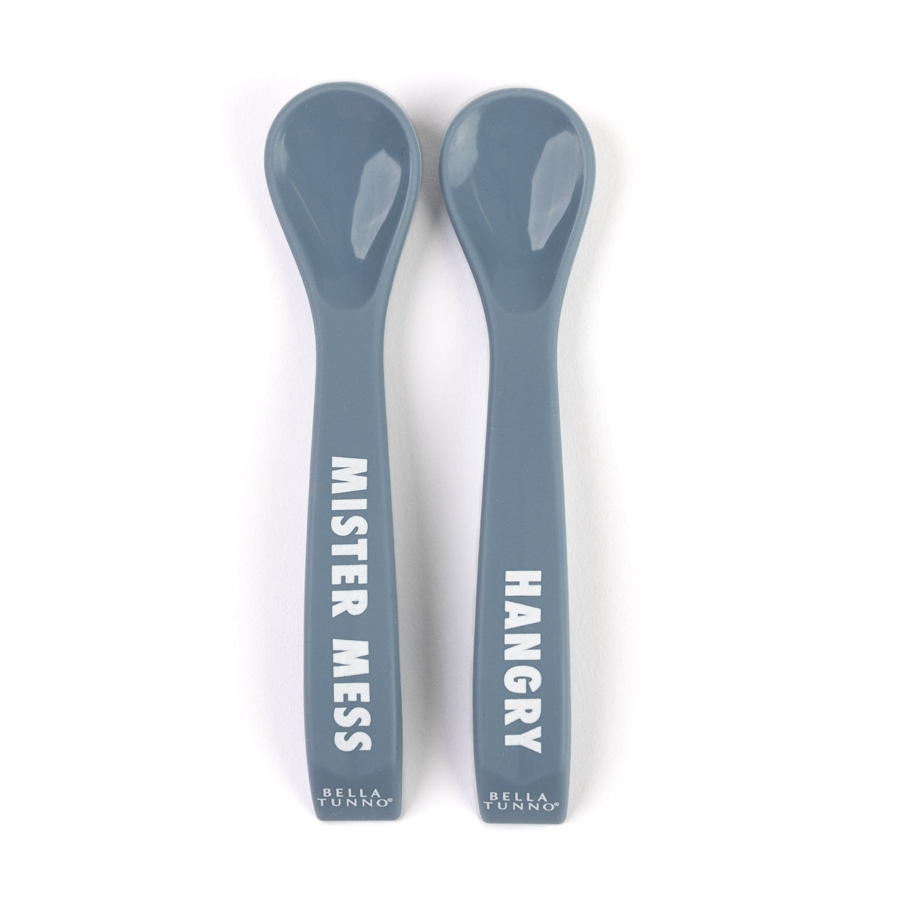Bella Tunno Hangry Mister Mess Spoon in soft blue, featuring a beaded design and "HANGRY" message, made from BPA-free silicone, available at Be Charmed