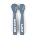 Bella Tunno Hangry Mister Mess Spoon in soft blue, featuring a beaded design and "HANGRY" message, made from BPA-free silicone, available at Be Charmed