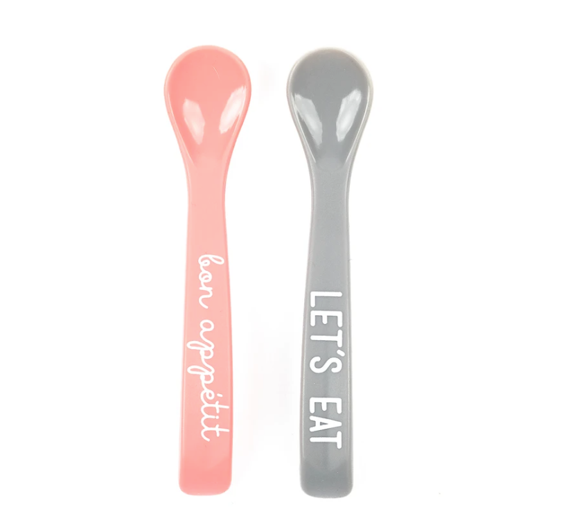 Bella Tunno "Let's Eat" & "Bon Appetit" Wonder Spoon Set in goldenrod yellow and gray, featuring ergonomic handles and fun designs, available at Be Charmed.