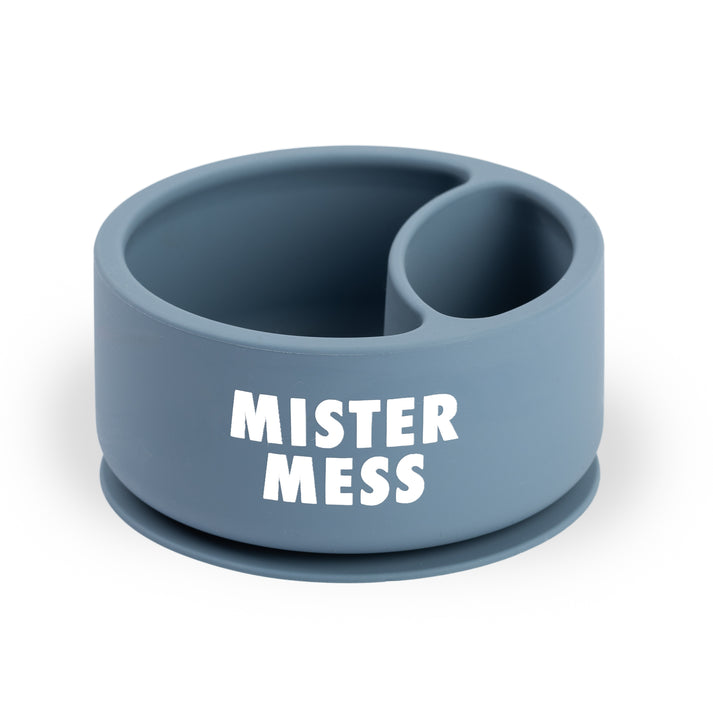 Bella Tunno Mister Mess Wonder Bowl in blue, featuring a suction base and curved lip, available at Be Charmed.