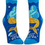 Blue socks with mermaid design and 'Deep Sea Diva' text on a white background. Available at Be Charmed