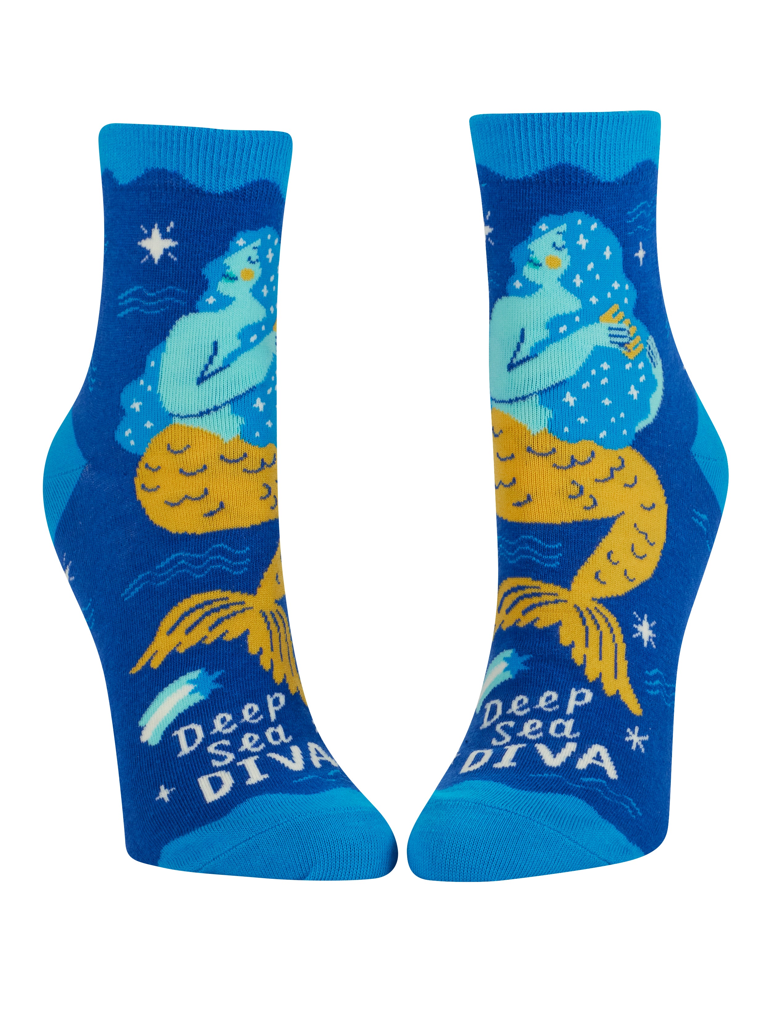 Blue socks with mermaid design and 'Deep Sea Diva' text on a white background. Available at Be Charmed