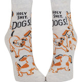Pair of socks with dog illustrations and text on a white background. Available at Be Charmed