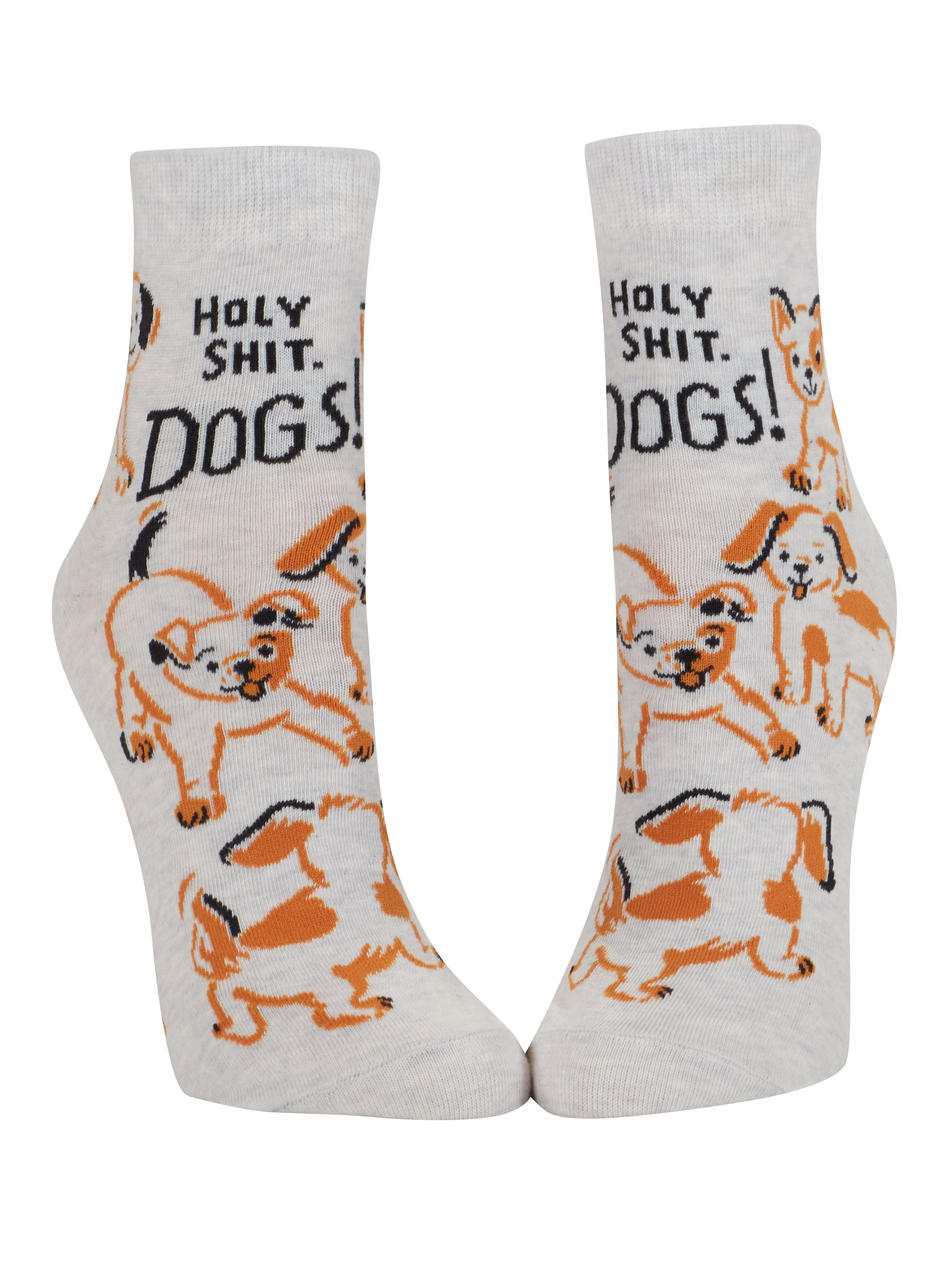 Pair of socks with dog illustrations and text on a white background. Available at Be Charmed