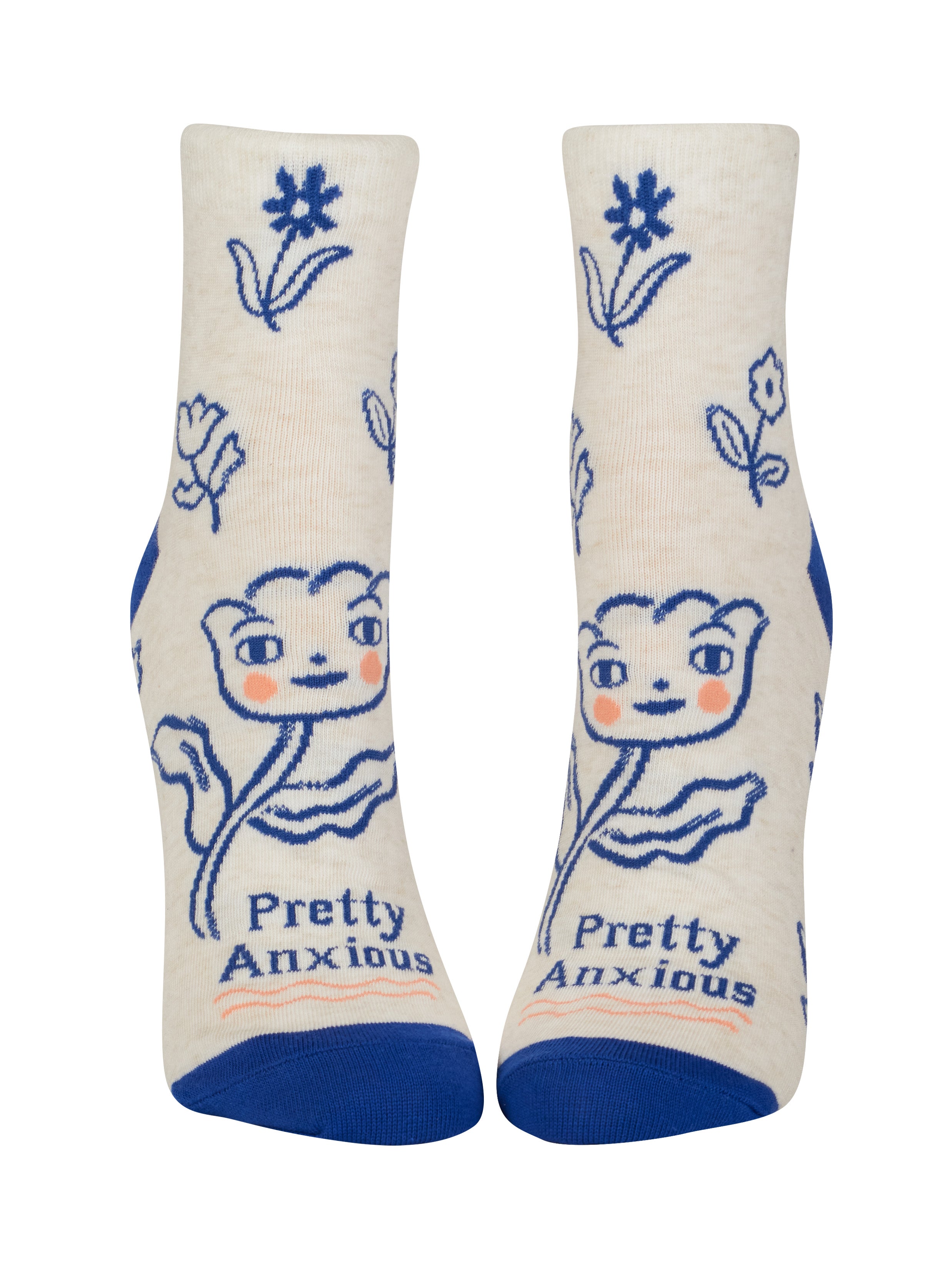 Pair of socks with floral design and 'Pretty Anxious' text on a white background. Available at Be Charmed