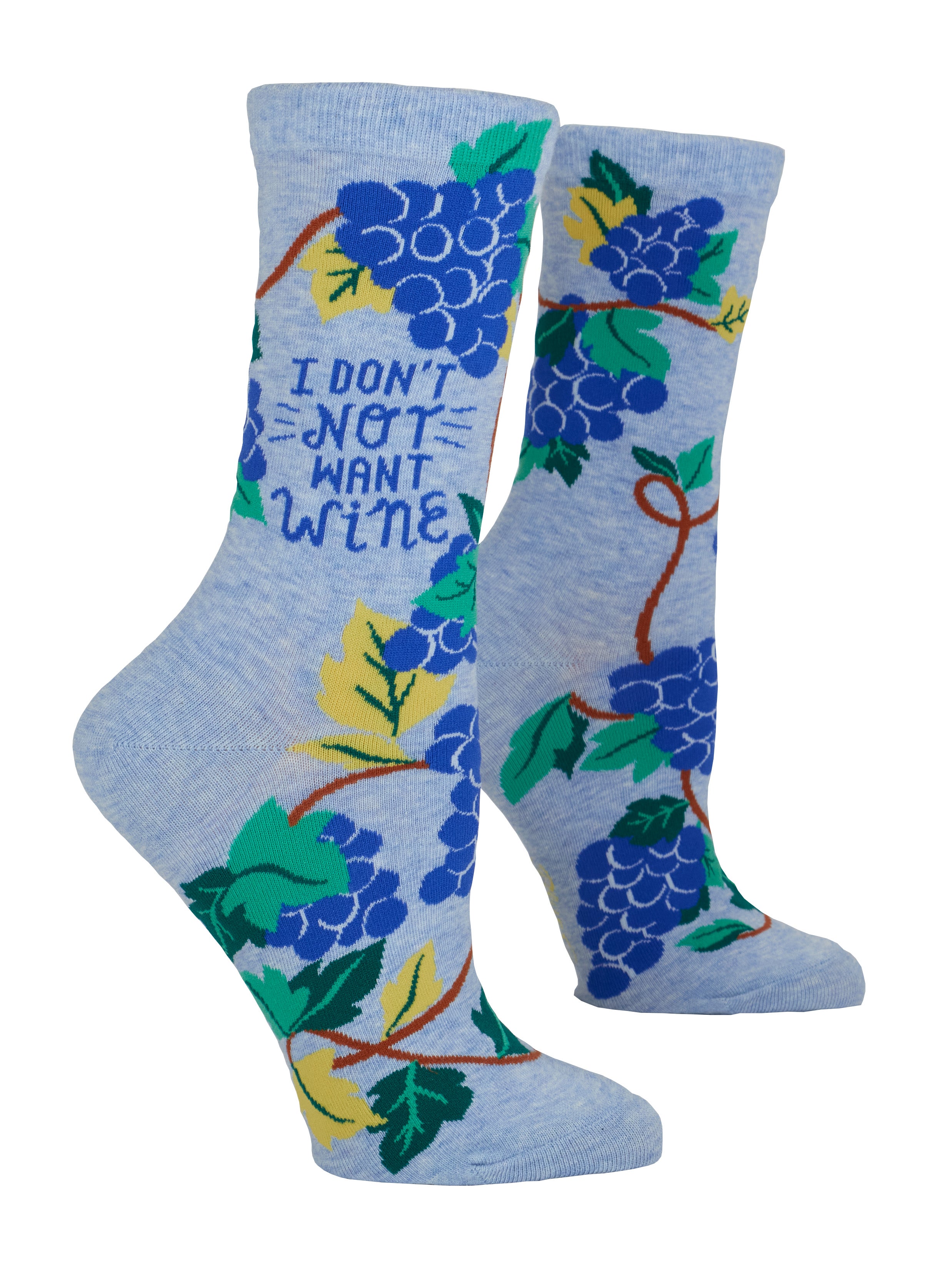 Blue socks with grapevine design and text 'I Don't Not Want Wine' on a white background. Available at Be Charmed