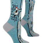 Pair of socks with a woodpecker design and text on a blue background. Avaiable at Be Charmed