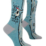 Pair of socks with a woodpecker design and text on a blue background. Avaiable at Be Charmed