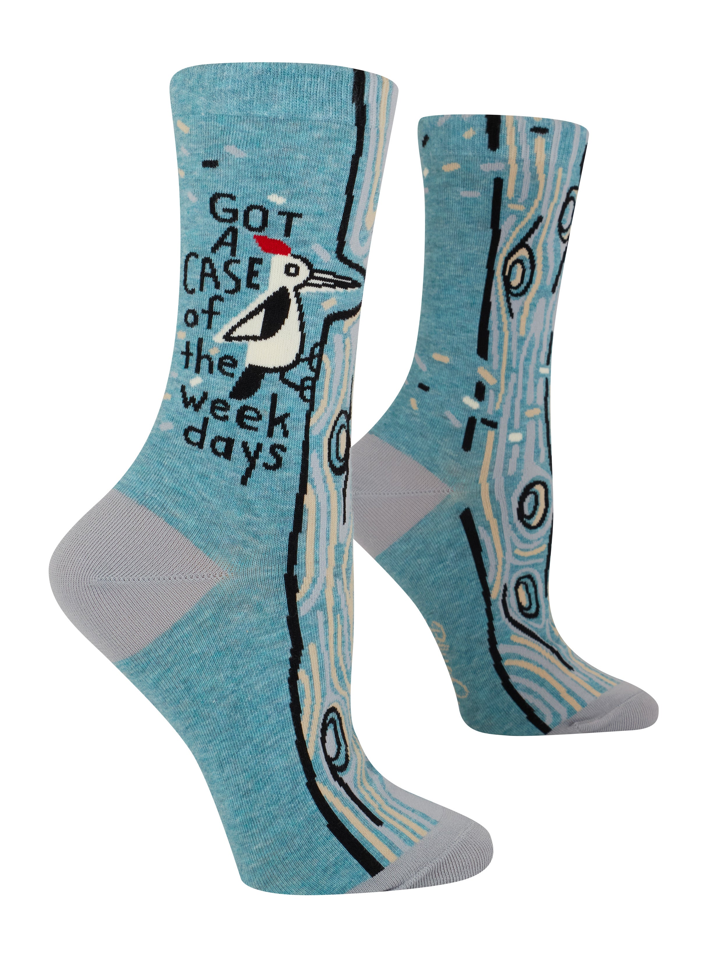 Pair of socks with a woodpecker design and text on a blue background. Avaiable at Be Charmed