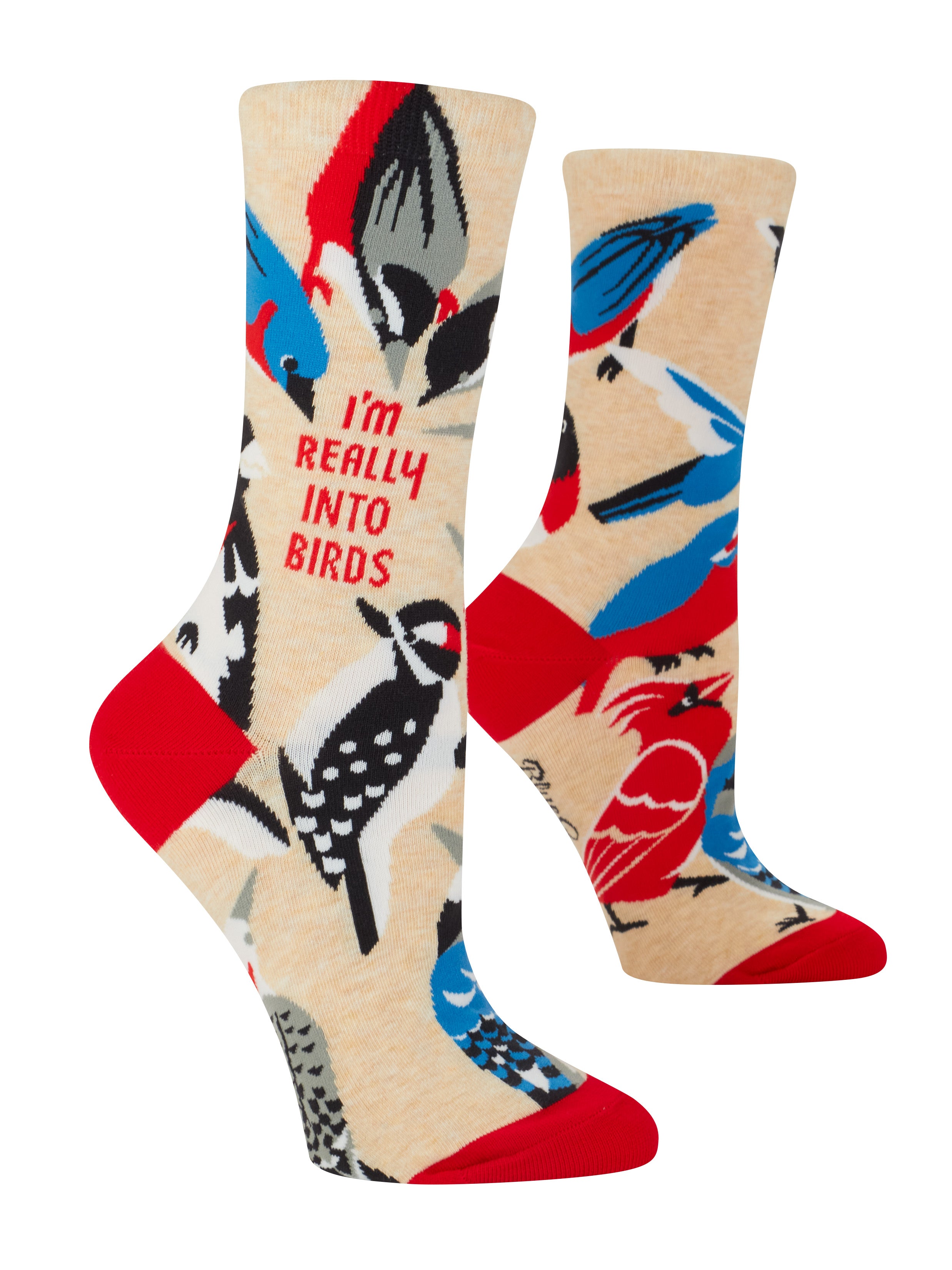 Colorful socks with bird designs and text on a beige background. Available at Be Charmed