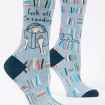 Blue Q Crew Socks – Fuck Off, I'm Reading with book-themed design and bold message, perfect for readers – Available at Be Charmed