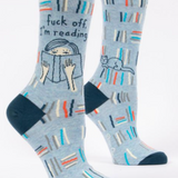 Blue Q Crew Socks – Fuck Off, I'm Reading with book-themed design and bold message, perfect for readers – Available at Be Charmed