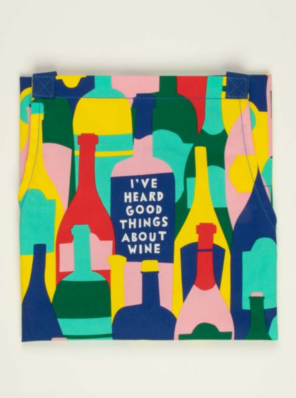 Folded Good Things About Wine apron – cheeky kitchen apron with witty wine design, available at Be Charmed.