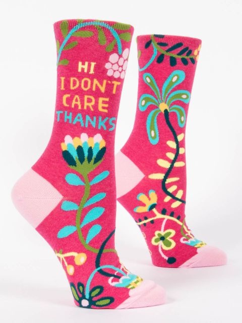 Blue Q Crew Socks – Hi I Don’t Care. Thanks. design with bold text and sarcastic style, perfect for snarky souls – Available at Be Charmed
