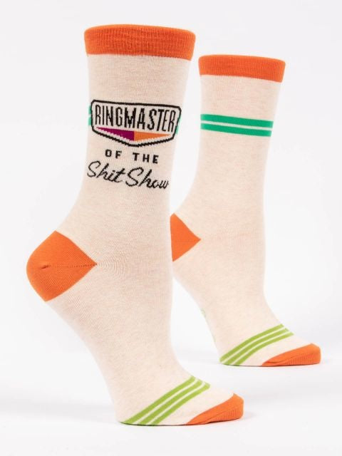 Blue Q Crew Socks – Ringmaster of the Sh*t Show design with bold circus-themed graphics and humor – Available at Be Charmed
