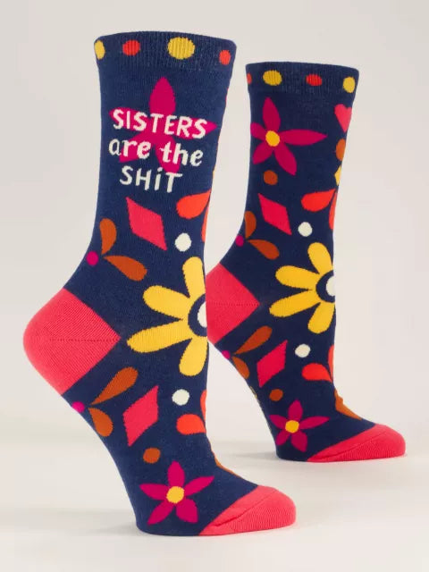 Blue Q Crew Socks – Sisters are the Shit with bold text and fun design, perfect gift for sisters – Available at Be Charmed