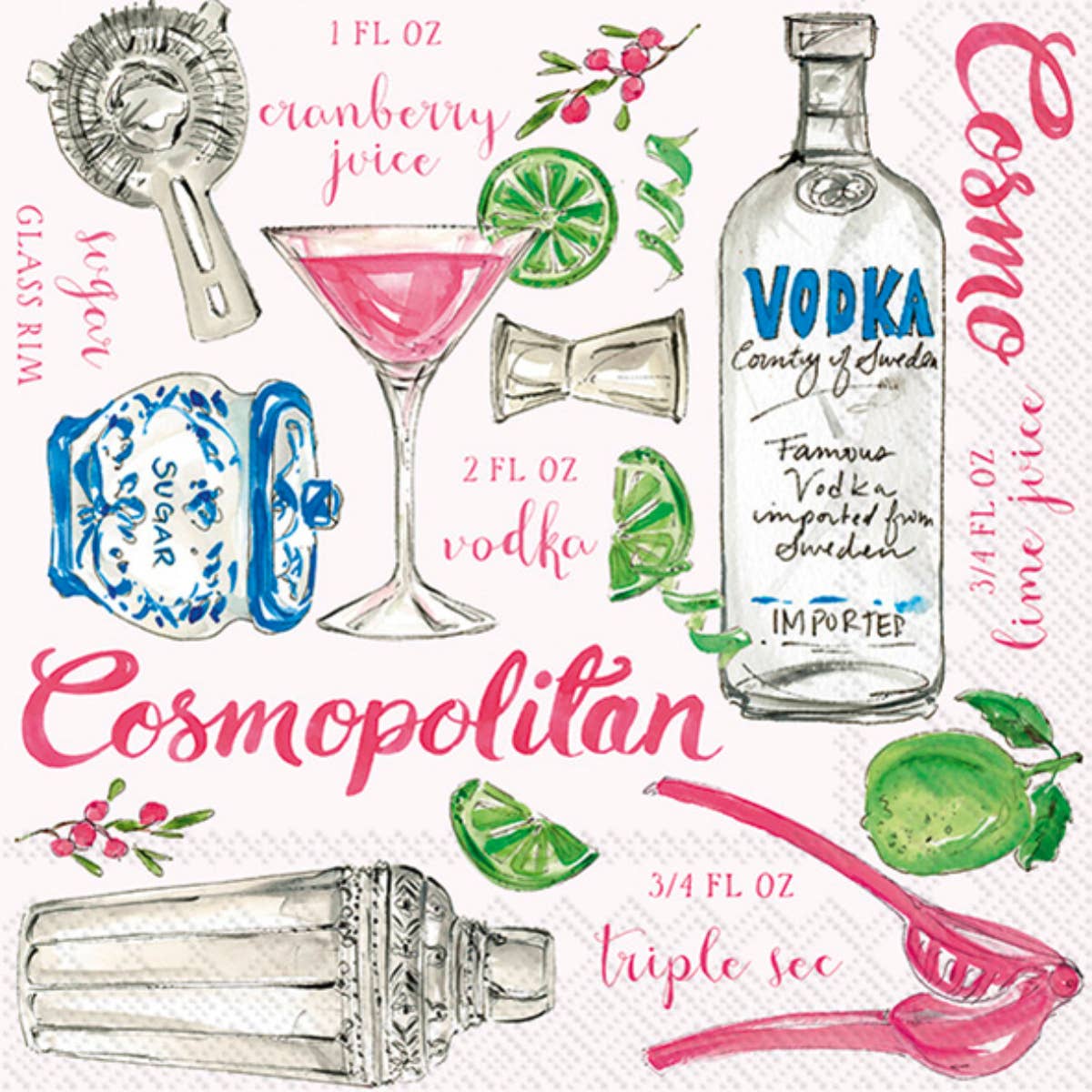 Cosmopolitan cocktail napkins – colorful cocktails print on 3‑ply napkins, available at Be Charmed.