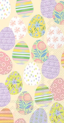 Eggstra Eggs cream guest towels with pastel decorated Easter eggs and spring florals by Boston International, available at Be Charmed.