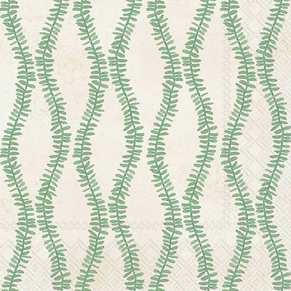 Leaf & Stem Boston International 3‑ply cocktail napkin, water‑based ink botanical design—available at Be Charmed.