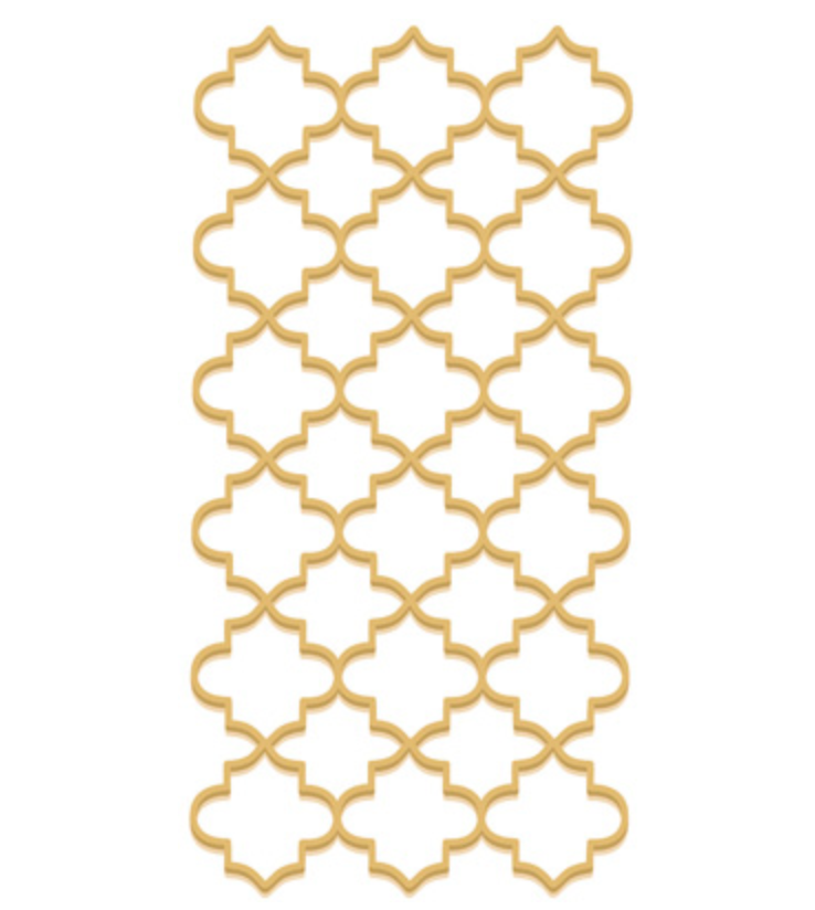 Boston International Moroccan Trellis guest towels featuring elegant gold trellis pattern on 3‑ply paper, available at Be Charmed.