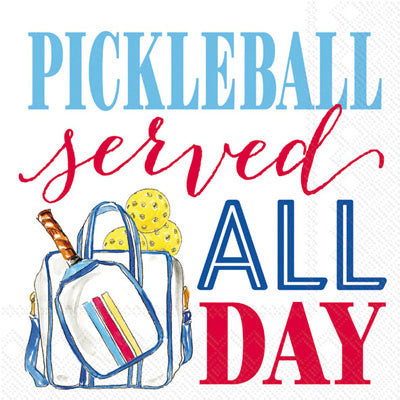 Boston International Pickleball cocktail napkins featuring paddles, balls and witty “Dink Responsibly” text on 3‑ply paper, available at Be Charmed.
