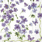 Boston International Purple Spring cocktail napkins featuring delicate lilac-purple floral patterns on 3‑ply paper, available at Be Charmed.