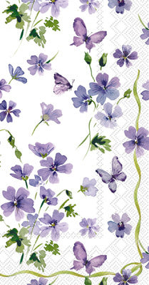 Purple Spring guest towels– floral purple blossoms 3‑ply napkins, available at Be Charmed.