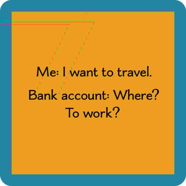 Drinks On Me ‘Bank Account’ coaster – 4×4 resin with cork backing, funny bar accessory, available at Be Charmed