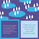 Drinks on ME "DOB" cocktail napkin with blue rain cloud patterns and humorous text statements on both sides. Available at Be Charmed