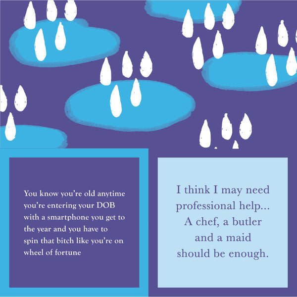 Drinks on ME "DOB" cocktail napkin with blue rain cloud patterns and humorous text statements on both sides. Available at Be Charmed