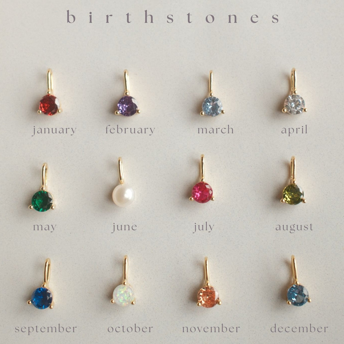 Close up of fyb gold birthstone charms. Available at Be Charmed