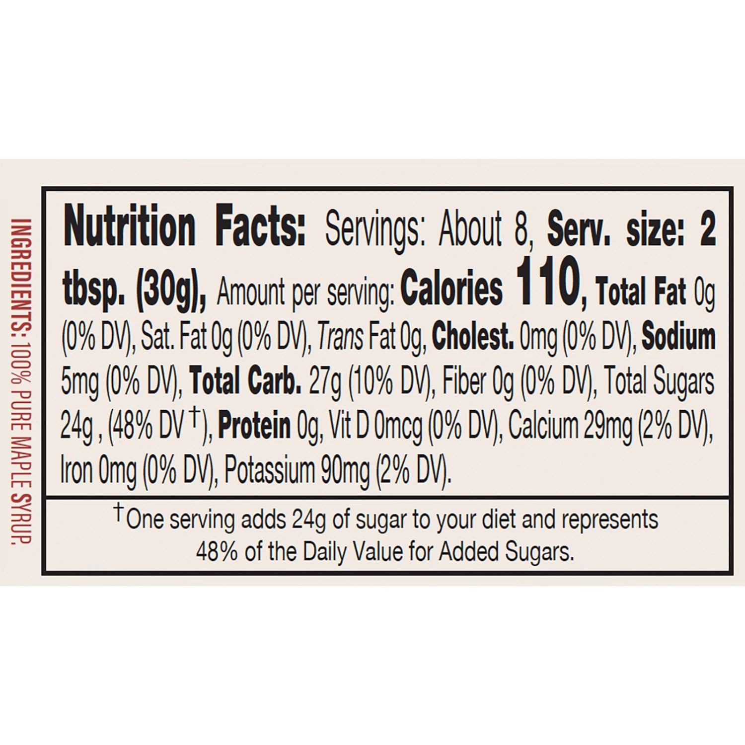 Nutrition facts label for Finch + Finnel Vermont Maple Syrup with a white background.  Available at Be Charmed