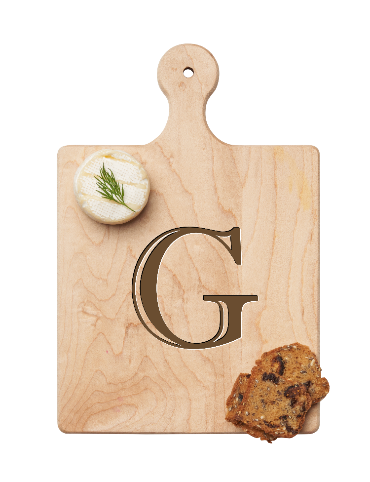Maple Leaf 9x6 Initial Board G with Spreader. Personalized wooden serving board with monogram design. Perfect gift. Available at Be Charmed.