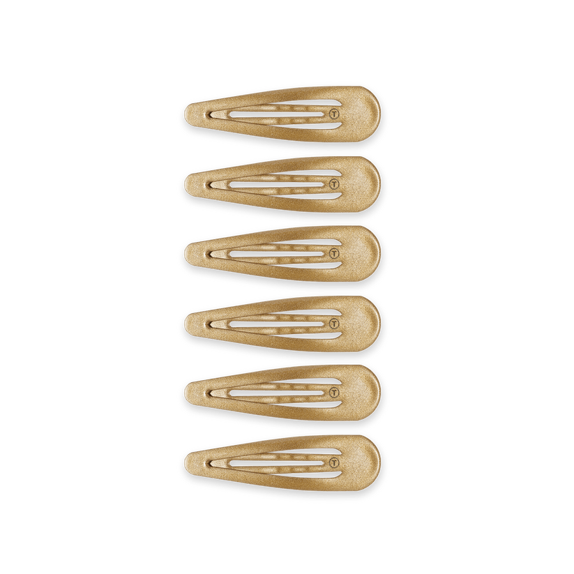 Gold Teleties Snap Clip hair clip—seamless, snag‑free strong hold, available at Be Charmed.