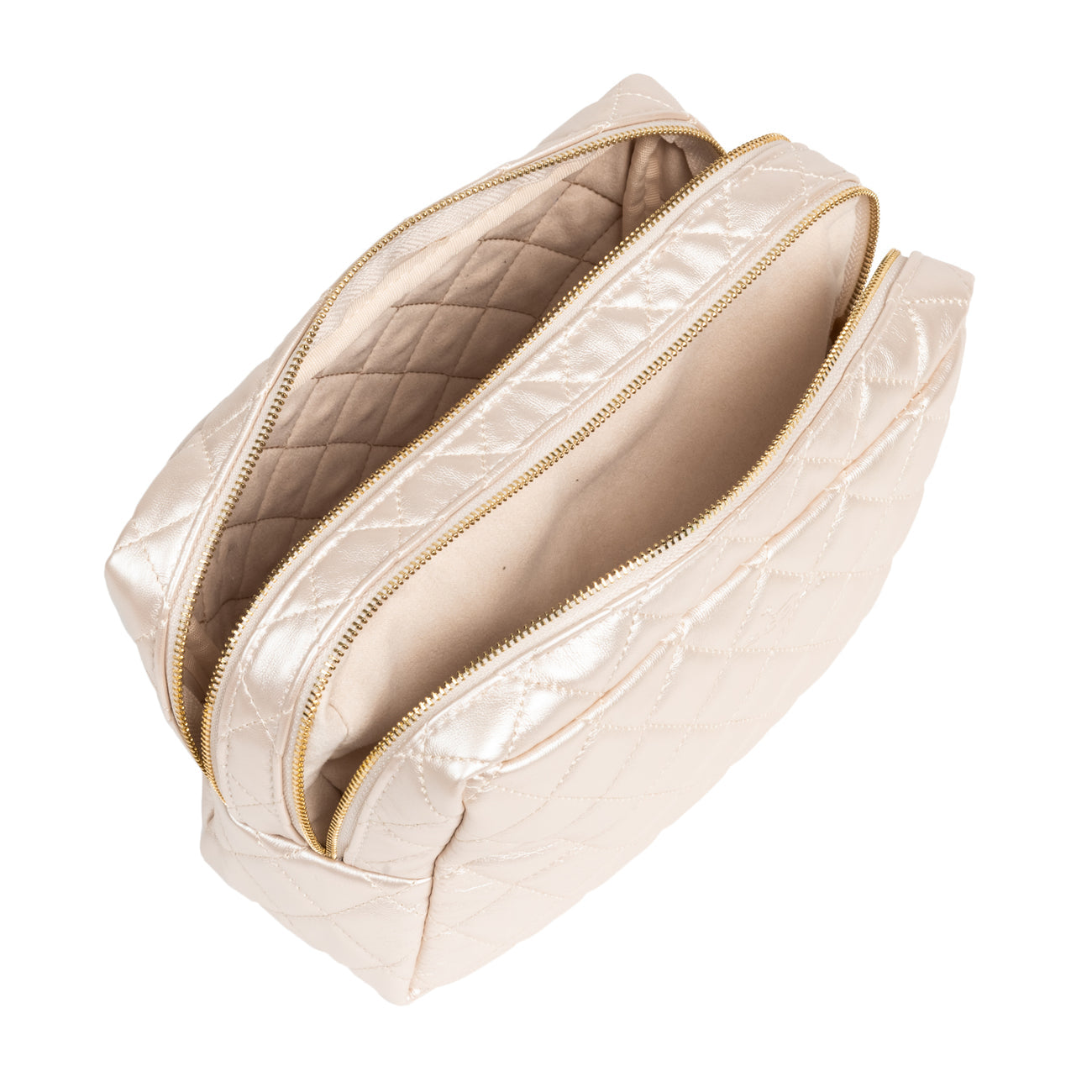 Beige Scout quilted cosmetic bag with gold zipper on a white background