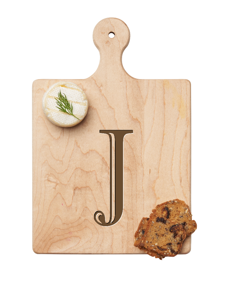 Maple Leaf 9x6 Initial Board J with Spreader. Personalized wooden serving board with monogram design. Perfect gift. Available at Be Charmed.