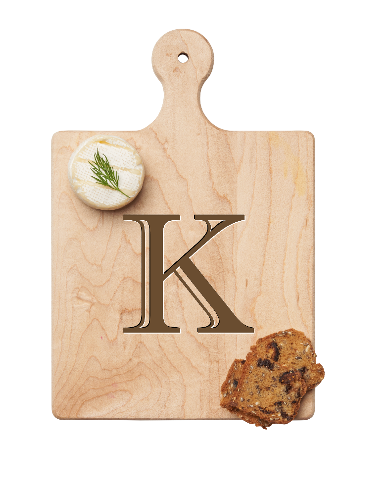 Maple Leaf 9x6 Initial Board k with Spreader. Personalized wooden serving board with monogram design. Perfect gift. Available at Be Charmed.