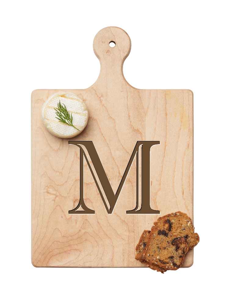 Maple Leaf 9x6 Initial Board M with Spreader. Personalized wooden serving board with monogram design. Perfect gift. Available at Be Charmed.