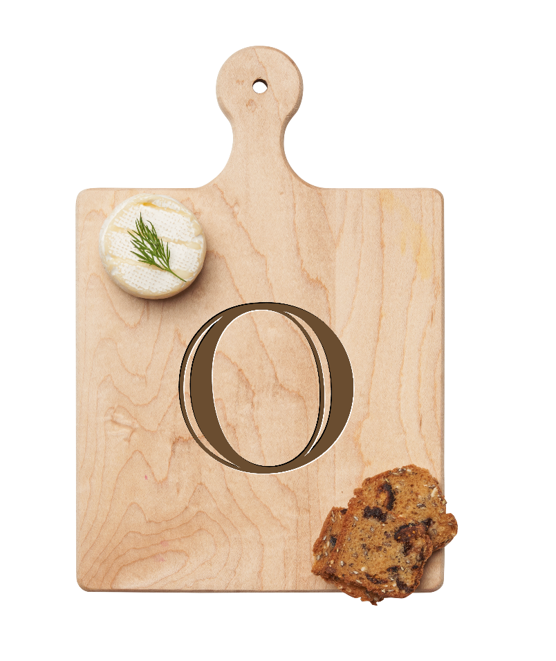 Maple Leaf 9x6 Initial Board O with Spreader. Personalized wooden serving board with monogram design. Perfect gift. Available at Be Charmed.