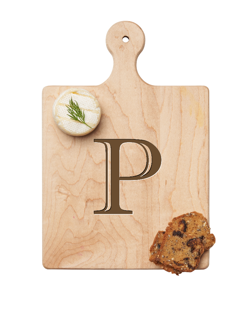 Maple Leaf 9x6 Initial Board P with Spreader. Personalized wooden serving board with monogram design. Perfect gift. Available at Be Charmed.