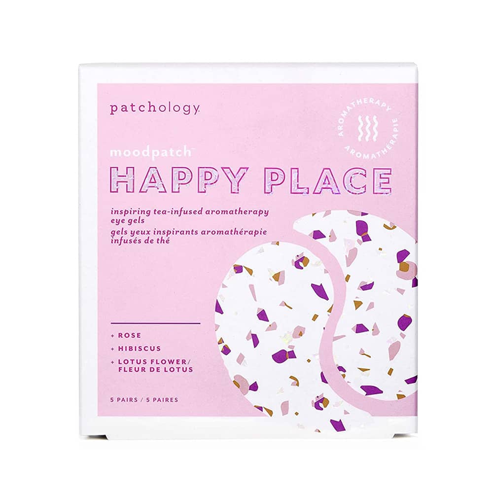 Patchology Happy Place Eye Gel Singles – Mood-enhancing under-eye gels with rose, hibiscus, and lotus flower to brighten, hydrate, and soothe tired eyes. Single-use gel patches for instant refresh and calm. Great for travel or gifting. Available at Be Charmed.