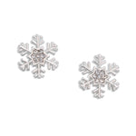 Snowflake-shaped stud earrings with clear gemstones on a white background. Available at Be Charmed.