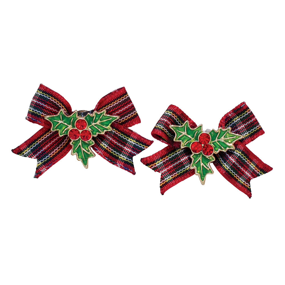 Periwinkle Plaid Bows with Holly Earrings. Festive plaid bow jewelry accented with holly leaves and berries. Available at Be Charmed.