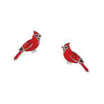 Red cardinal bird stud earrings on a white background. Available at Be Charmed.