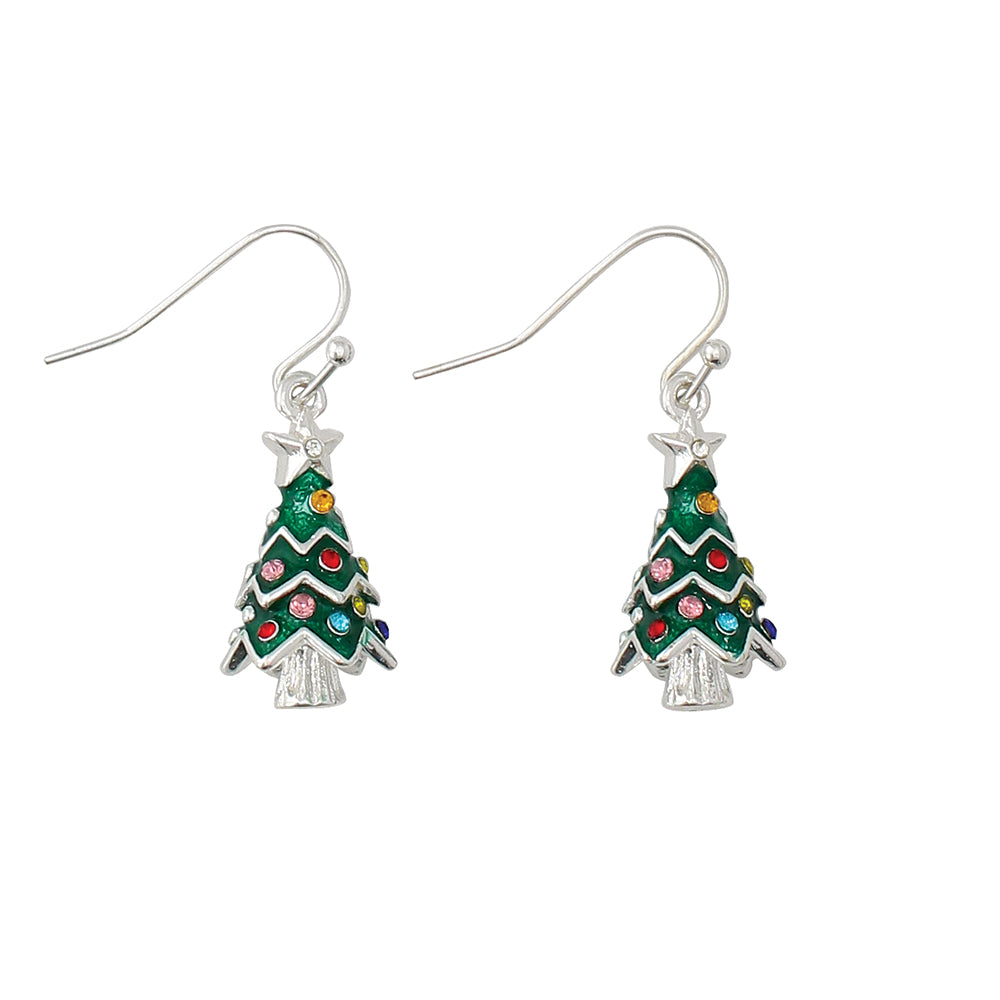 Christmas tree-shaped earrings with colorful decorations on a white background. Available at Be Charmed.