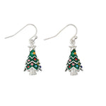 Christmas tree-shaped earrings with colorful decorations on a white background. Available at Be Charmed.